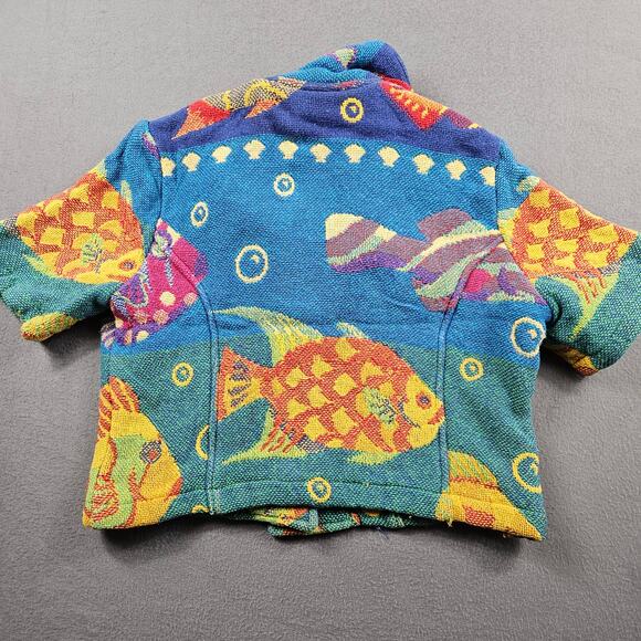 Vintage Aquarium Tapestry Jacket Top Chunky Closed Knit Fish Size M Crop Art - Picture 2 of 8